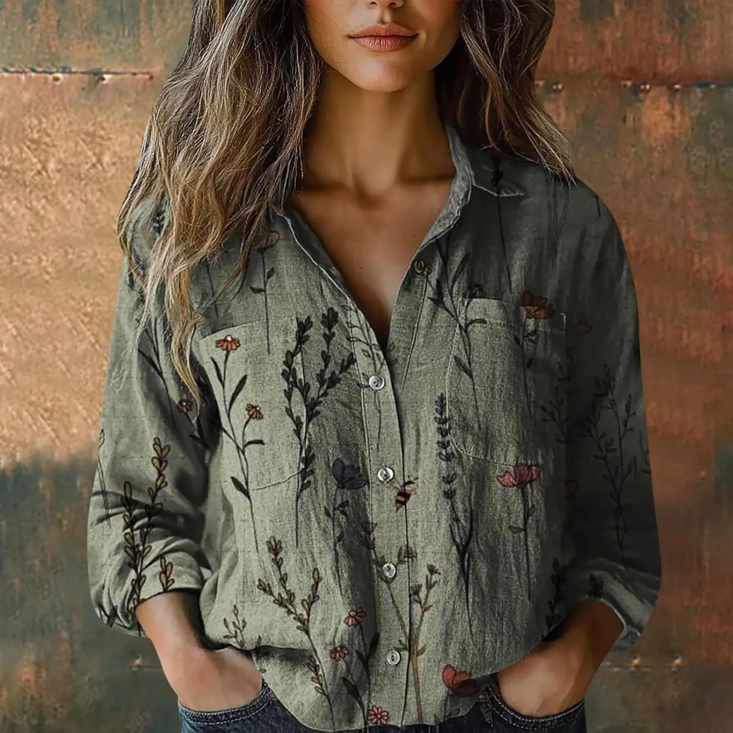 Womens Ethnic Shirts Floral Print Long Sleeve V Neck Button Down Shirt Vintage Causal Boho Blouses Gauze Tunic Tops