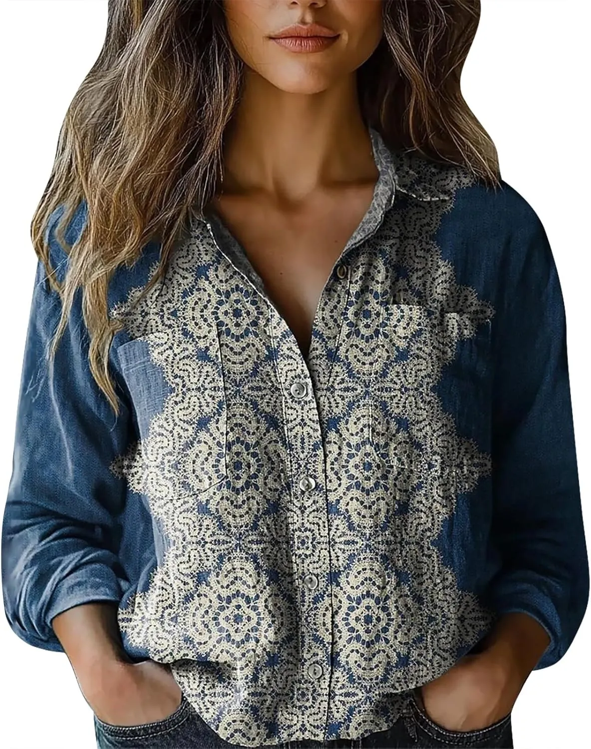 Womens Ethnic Shirts Floral Print Long Sleeve V Neck Button Down Shirt Vintage Causal Boho Blouses Gauze Tunic Tops