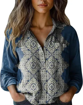 Womens Ethnic Shirts Floral Print Long Sleeve V Neck Button Down Shirt Vintage Causal Boho Blouses Gauze Tunic Tops