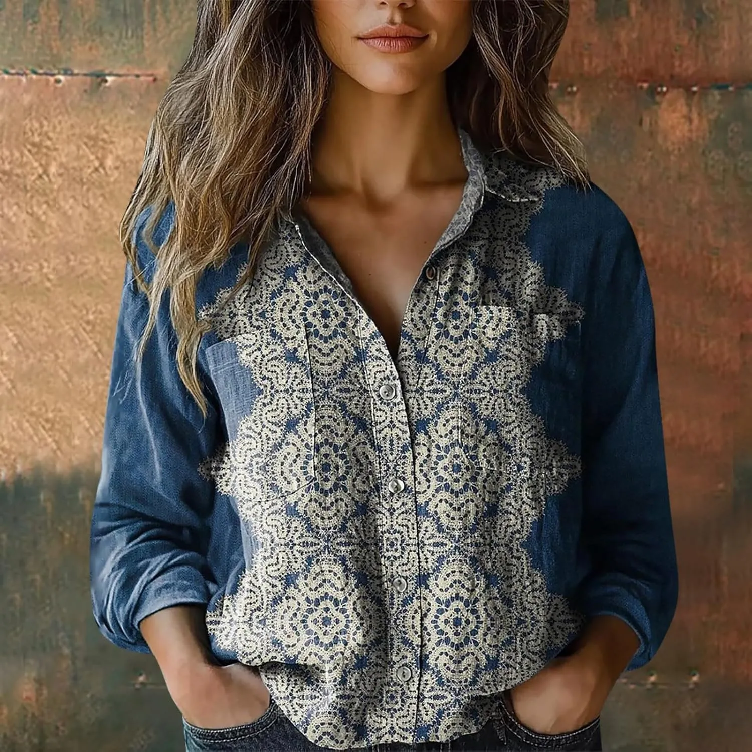 Womens Ethnic Shirts Floral Print Long Sleeve V Neck Button Down Shirt Vintage Causal Boho Blouses Gauze Tunic Tops