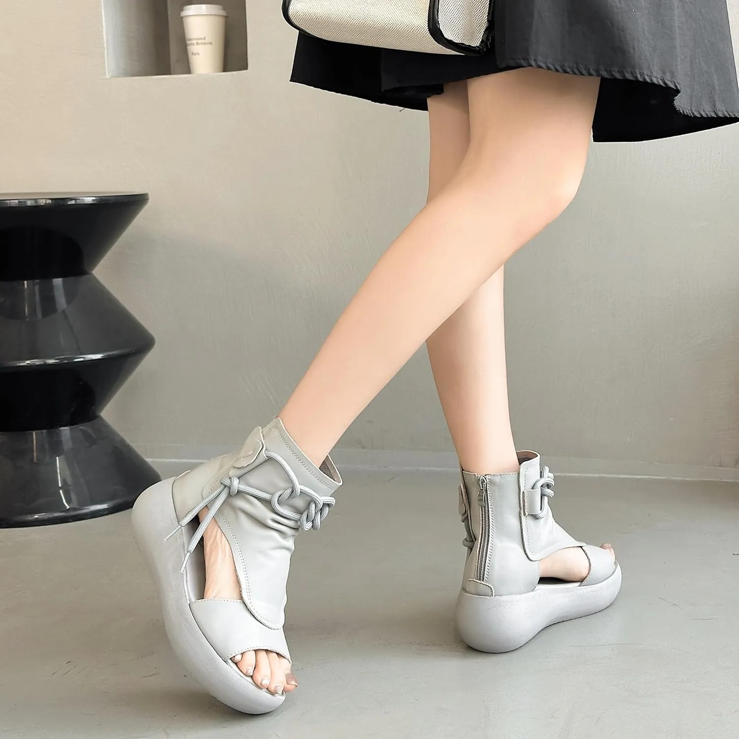 Women's High Top Leather Sandals Open Toe Boot Sandals for Women