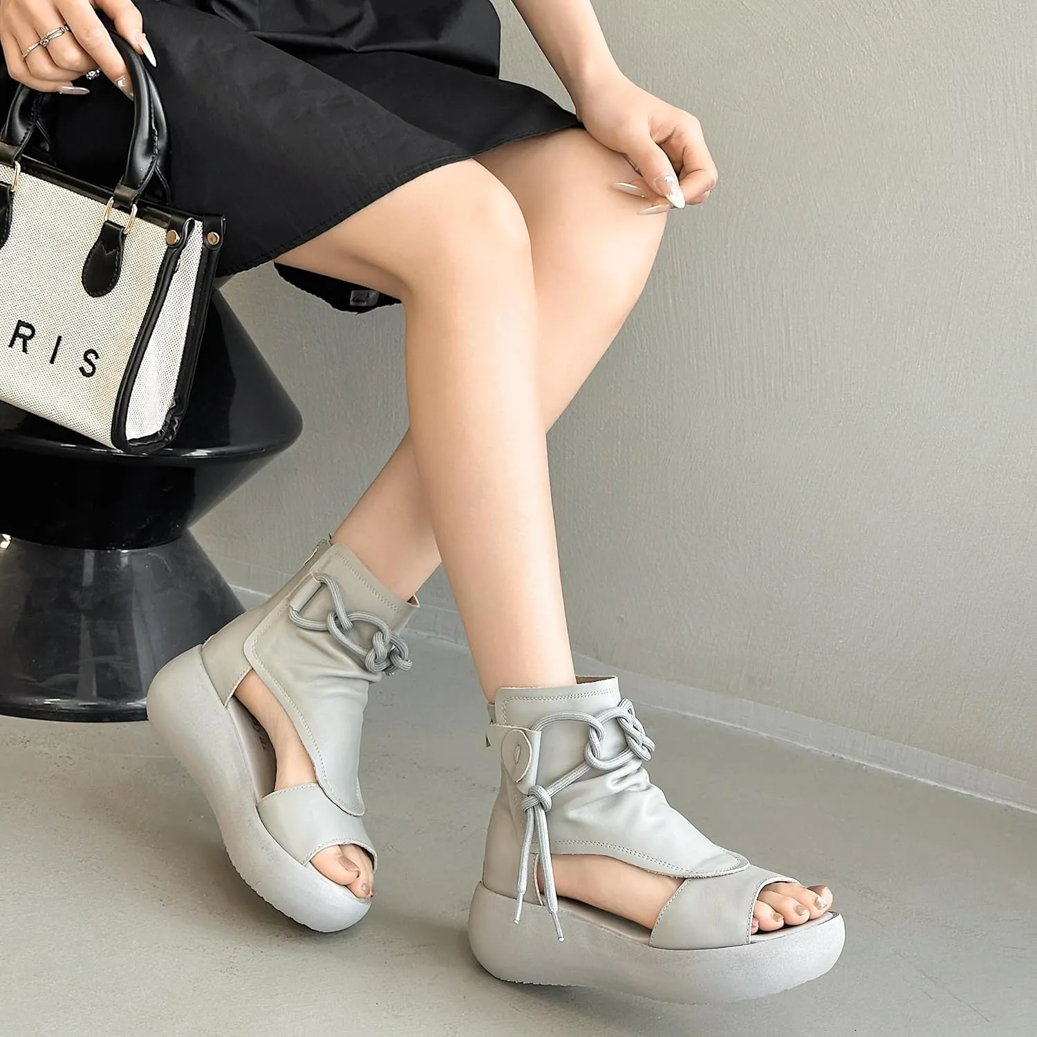 Women's High Top Leather Sandals Open Toe Boot Sandals for Women