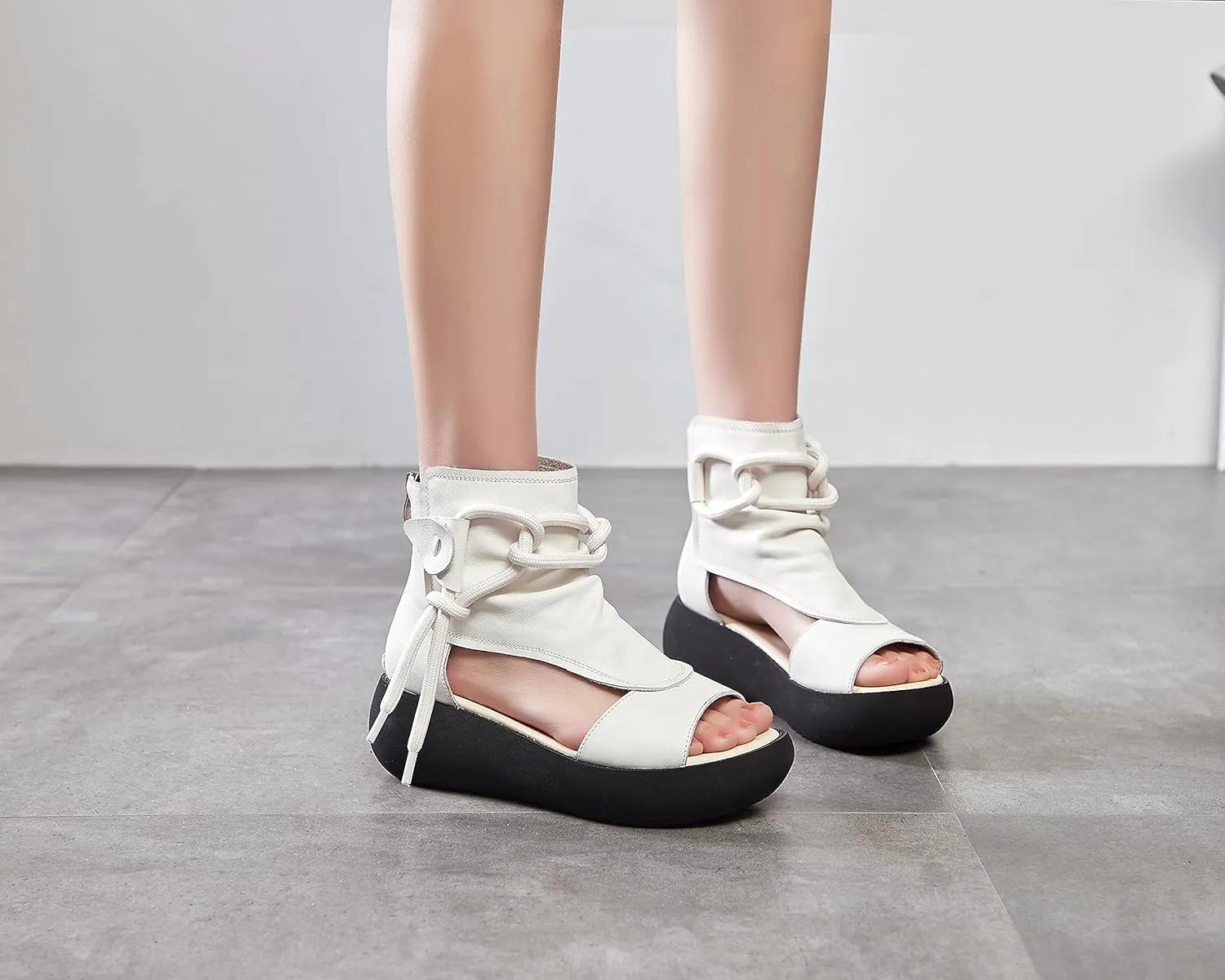 Women's High Top Leather Sandals Open Toe Boot Sandals for Women