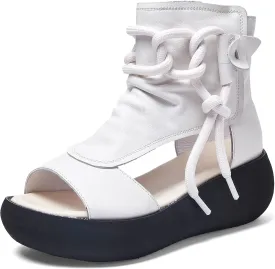 Women's High Top Leather Sandals Open Toe Boot Sandals for Women