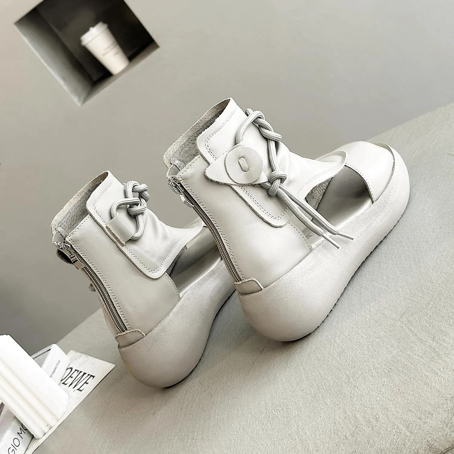 Women's High Top Leather Sandals Open Toe Boot Sandals for Women