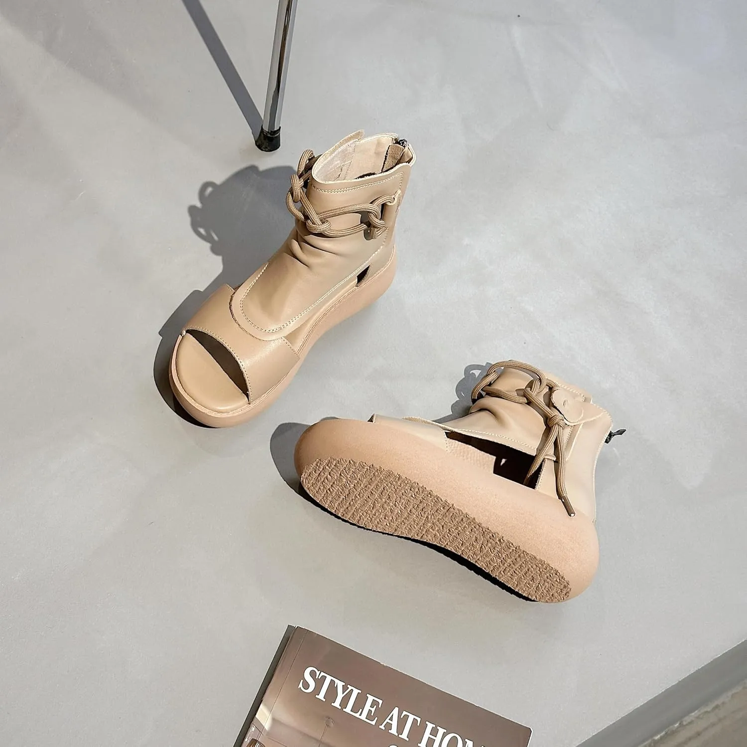 Women's High Top Leather Sandals Open Toe Boot Sandals for Women