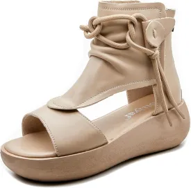 Women's High Top Leather Sandals Open Toe Boot Sandals for Women