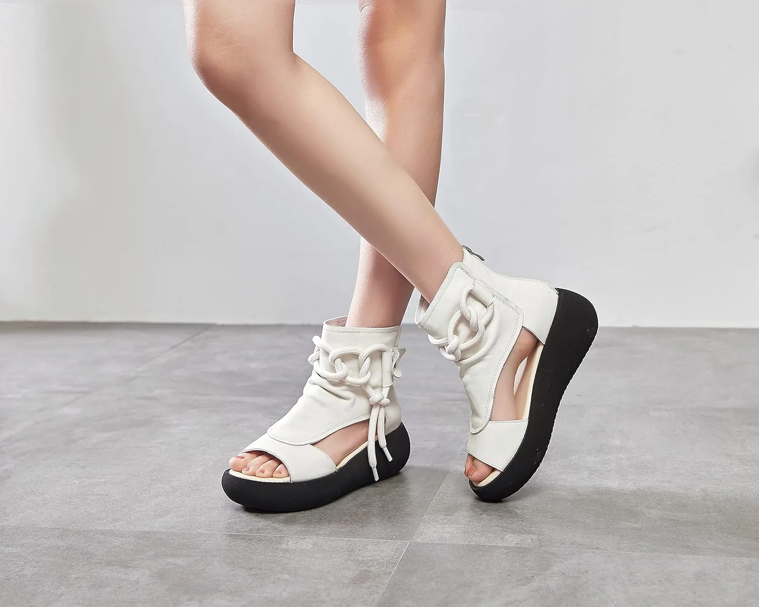 Women's High Top Leather Sandals Open Toe Boot Sandals for Women