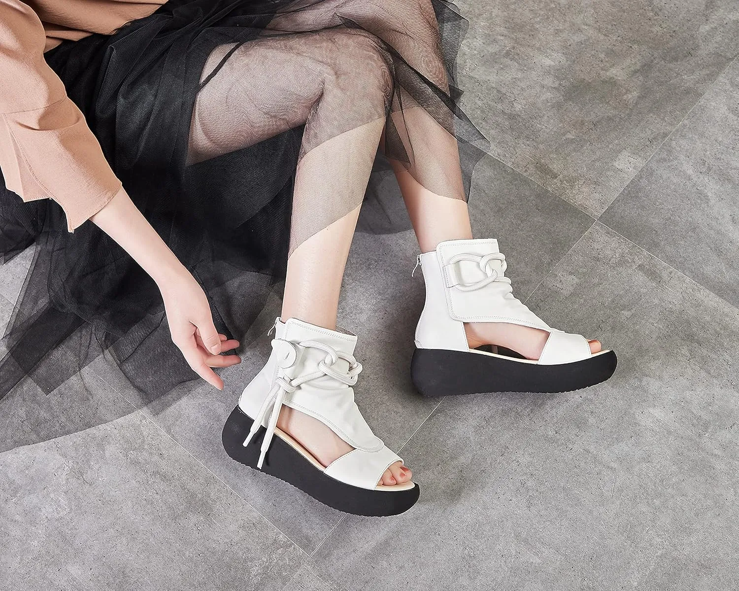 Women's High Top Leather Sandals Open Toe Boot Sandals for Women