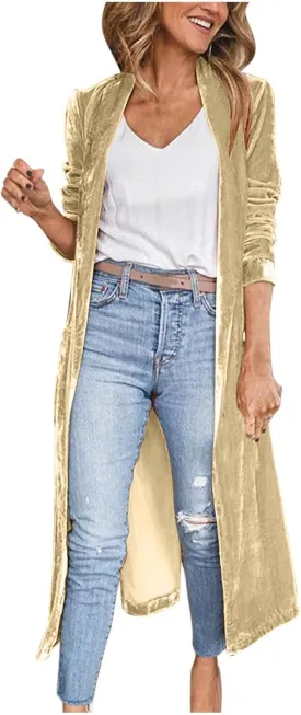 Women's Long Velvet Cardigan Jacket Lapel Collar Open Front Vintage Cardigan 2024 Trendy Solid Color Casual Long Top