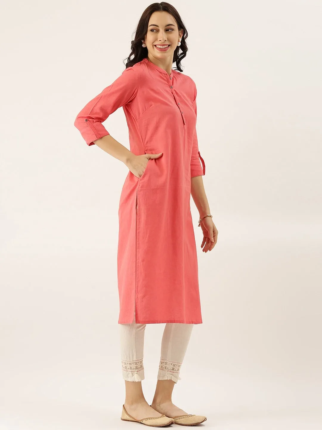 Women'S Peach Solid Straight Roll Up Sleeve Kurti