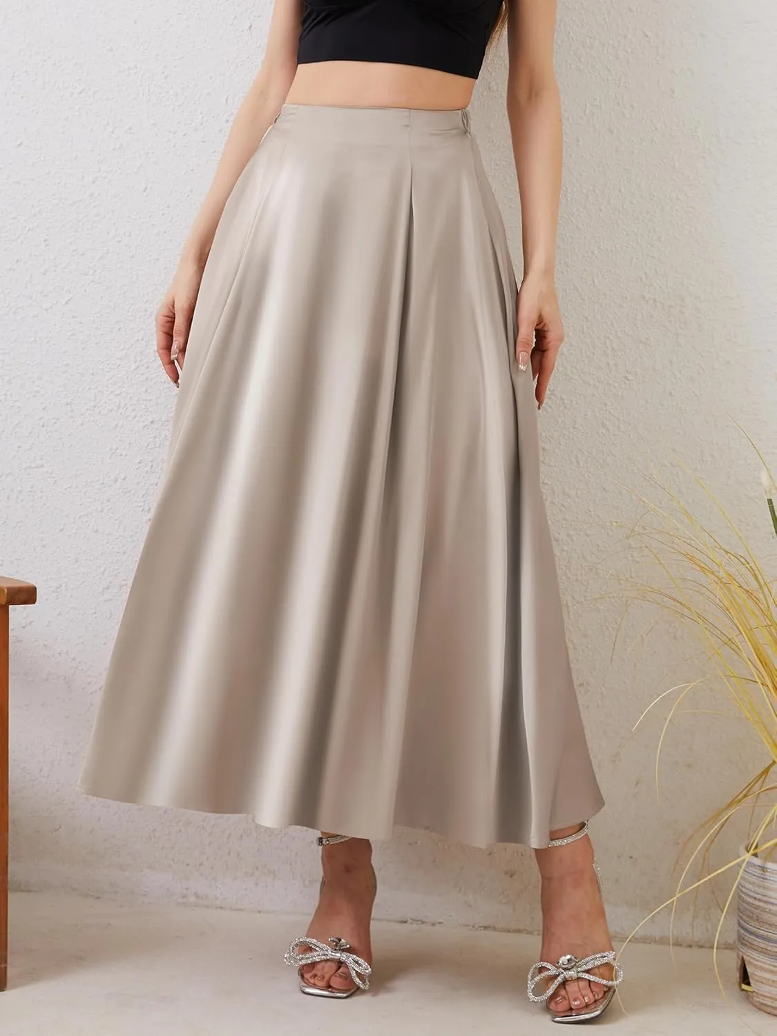 Womens Satin High Waist Elastic Midi Skirt Satin Maxi Skirt Silk Elegant Long Trendy A-Line Midi Skirts