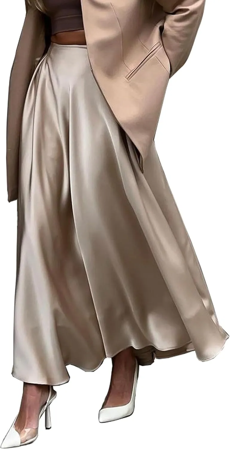 Womens Satin High Waist Elastic Midi Skirt Satin Maxi Skirt Silk Elegant Long Trendy A-Line Midi Skirts