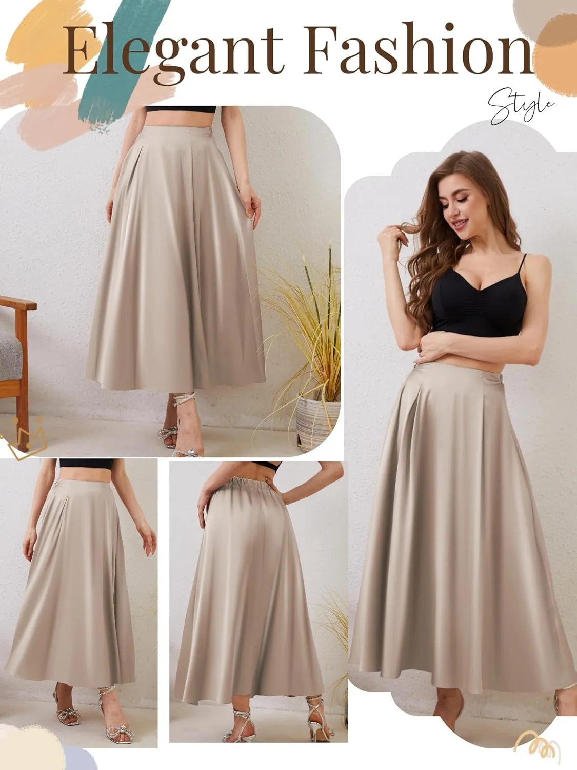 Womens Satin High Waist Elastic Midi Skirt Satin Maxi Skirt Silk Elegant Long Trendy A-Line Midi Skirts
