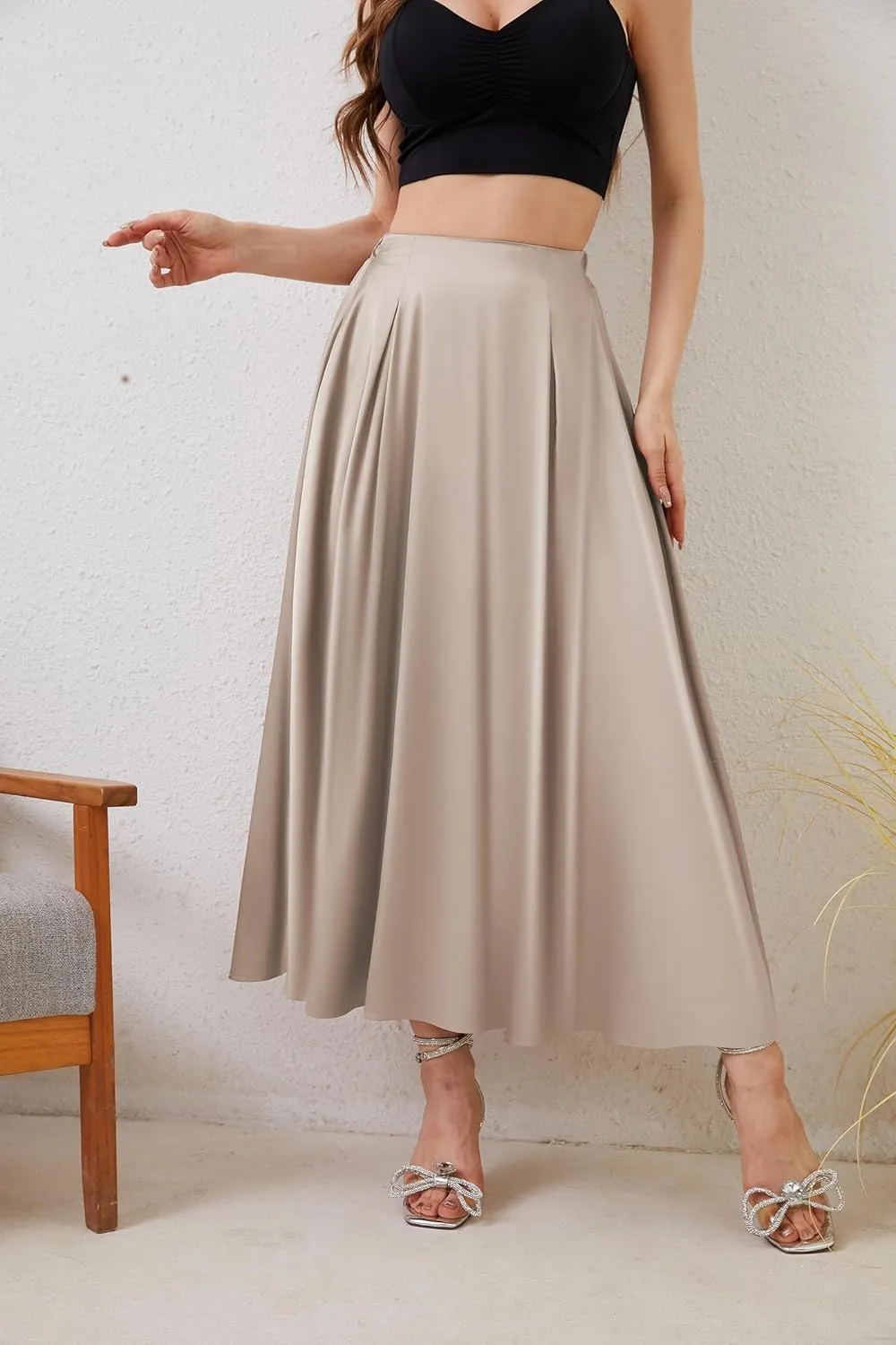 Womens Satin High Waist Elastic Midi Skirt Satin Maxi Skirt Silk Elegant Long Trendy A-Line Midi Skirts