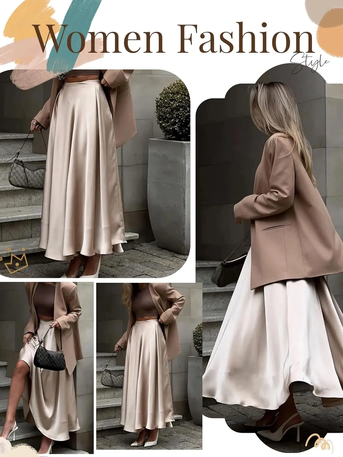 Womens Satin High Waist Elastic Midi Skirt Satin Maxi Skirt Silk Elegant Long Trendy A-Line Midi Skirts