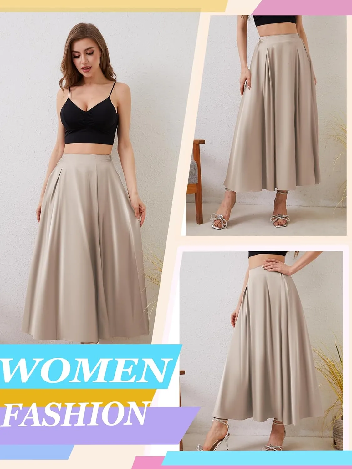 Womens Satin High Waist Elastic Midi Skirt Satin Maxi Skirt Silk Elegant Long Trendy A-Line Midi Skirts