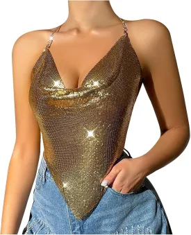 Womens Sleeveless Tank Tops Metallic Sequins Halter Cami Top Draped Front Backless Party Blouses Shirts