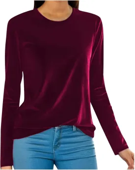Women's Velour Sweatshirts Crewneck Long Sleeve Casual Pullover Winter Fall 2024 Holiday Soft Warm Shirts Velvet Tops
