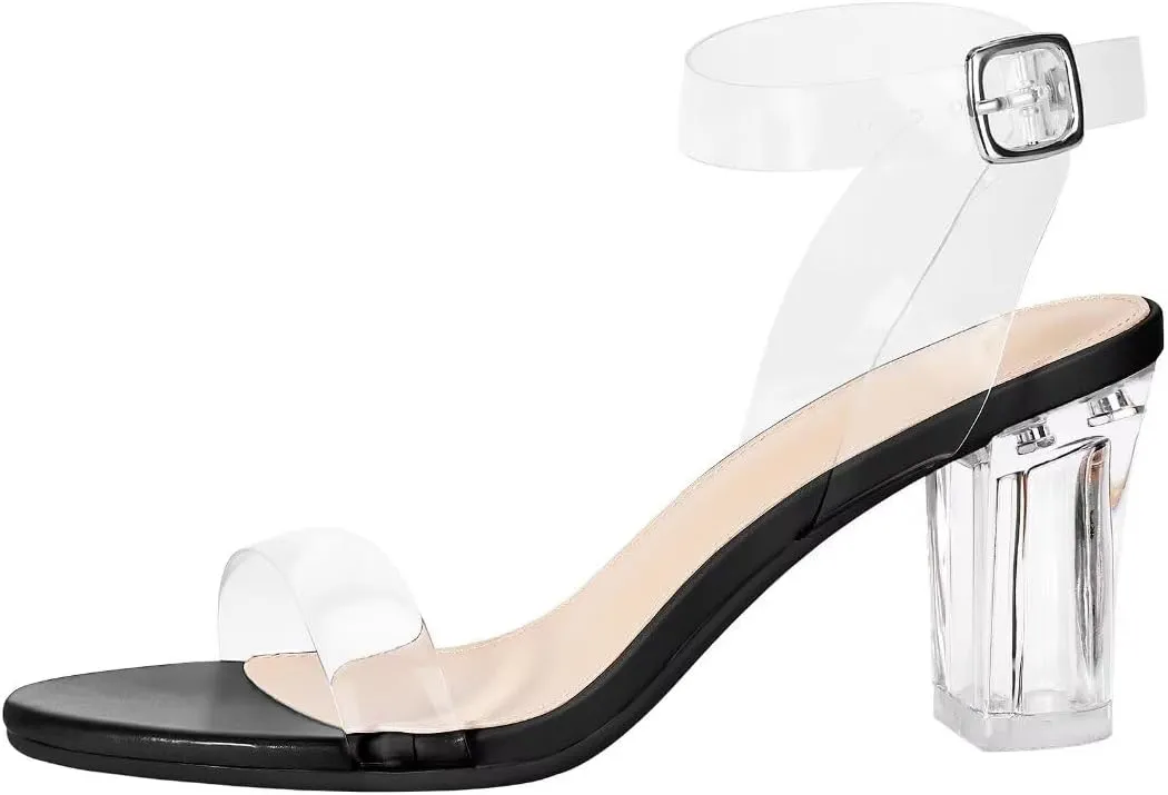 ZriEy Women's Clear Heels Chunky Block Mid High Heeled Sandals Open Toe Transparent Ankle Strap Dress Pump Shoes for Women in Daily Wear Party Wedding