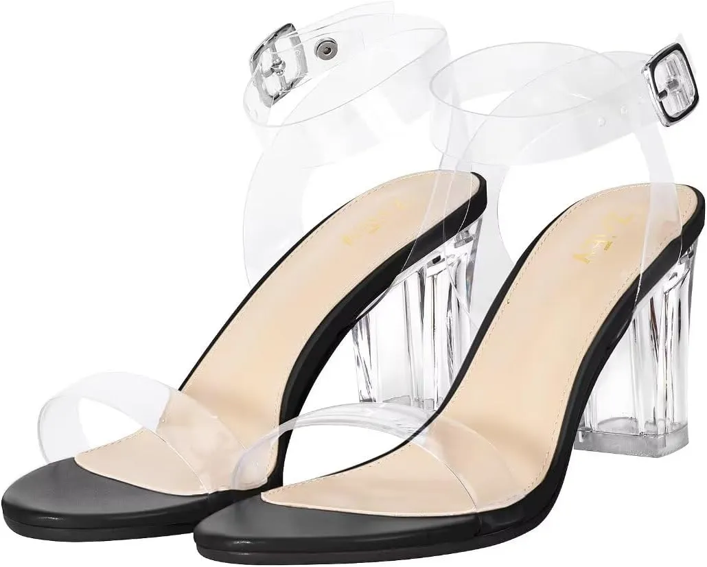 ZriEy Women's Clear Heels Chunky Block Mid High Heeled Sandals Open Toe Transparent Ankle Strap Dress Pump Shoes for Women in Daily Wear Party Wedding