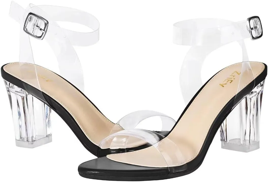 ZriEy Women's Clear Heels Chunky Block Mid High Heeled Sandals Open Toe Transparent Ankle Strap Dress Pump Shoes for Women in Daily Wear Party Wedding