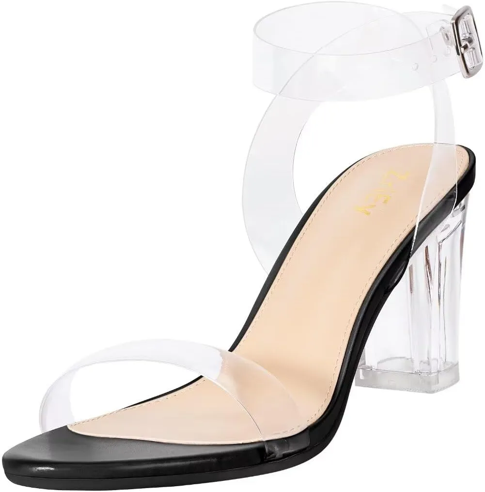 ZriEy Women's Clear Heels Chunky Block Mid High Heeled Sandals Open Toe Transparent Ankle Strap Dress Pump Shoes for Women in Daily Wear Party Wedding